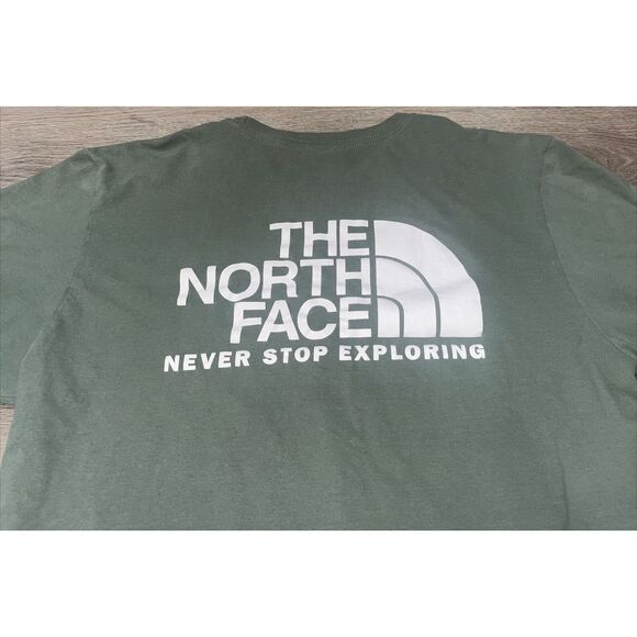 The North Face Men's Size L Large Short Sleeve Green T Shirt Big Logo Spell Out - Picture 2 of 6